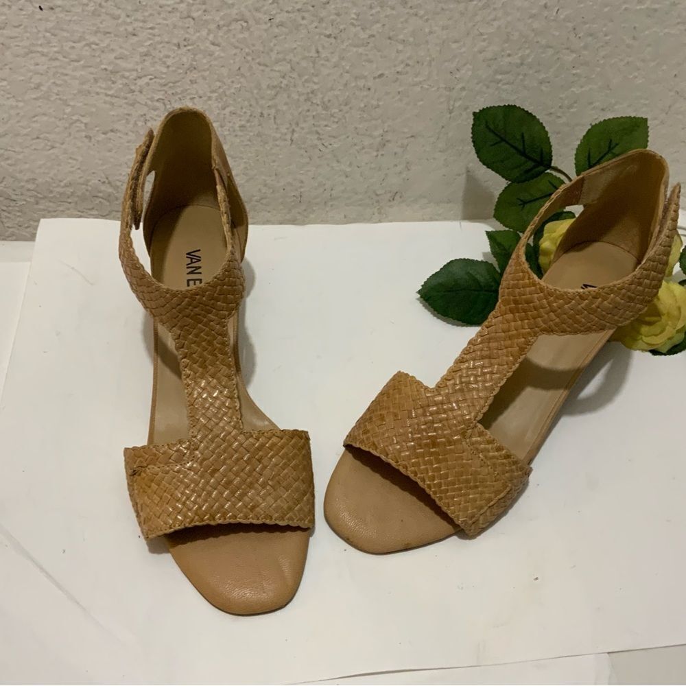 Vaneli Charee Tan  Woven Leather Ankle Strap Block Heel Sandals size 10 wide - Picture 4 of 12